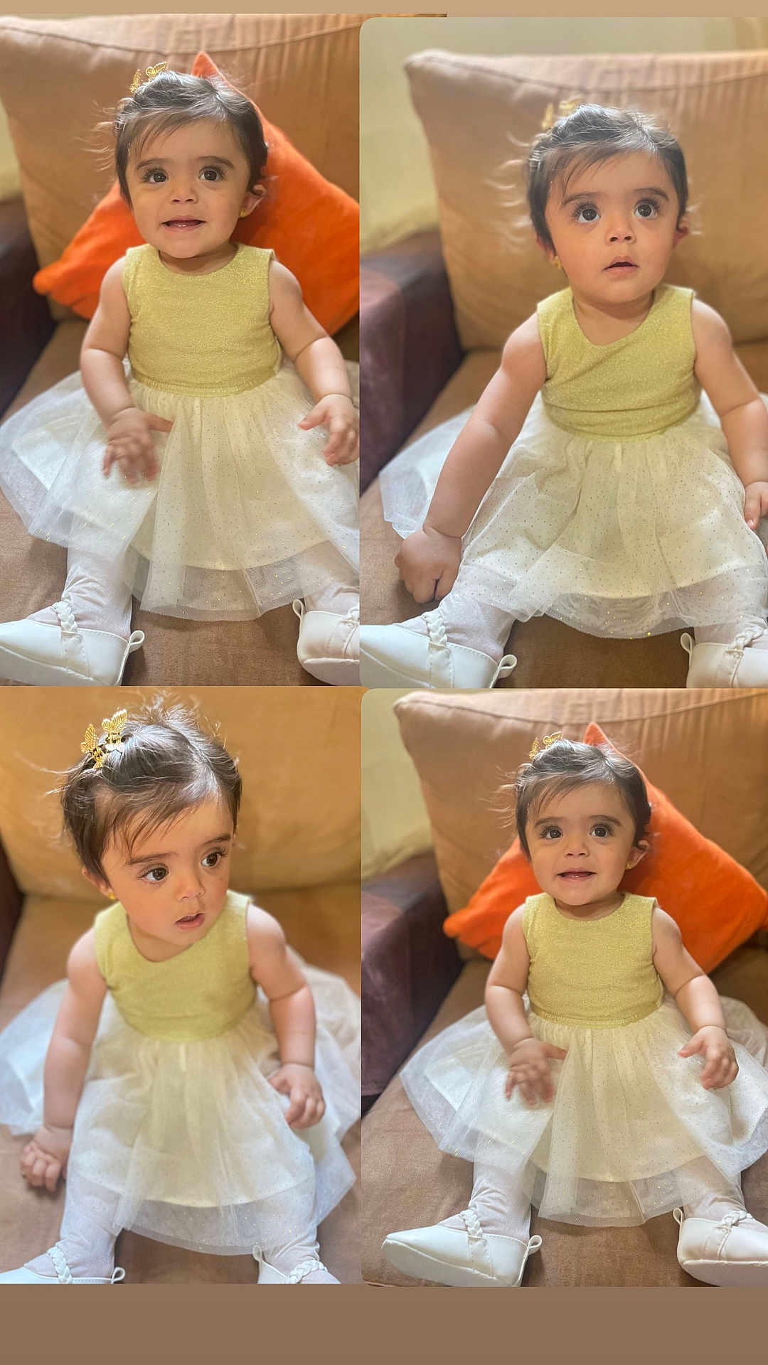 Talya is registered to the contest to win money with this photo: toddler, child, girl, dress, sparkly, white, gold, sitting, couch, orange_pillow, indoors, cute, happy, curious, portrait, baby_shoes, hair_clip, smiling, young_child, comfortable