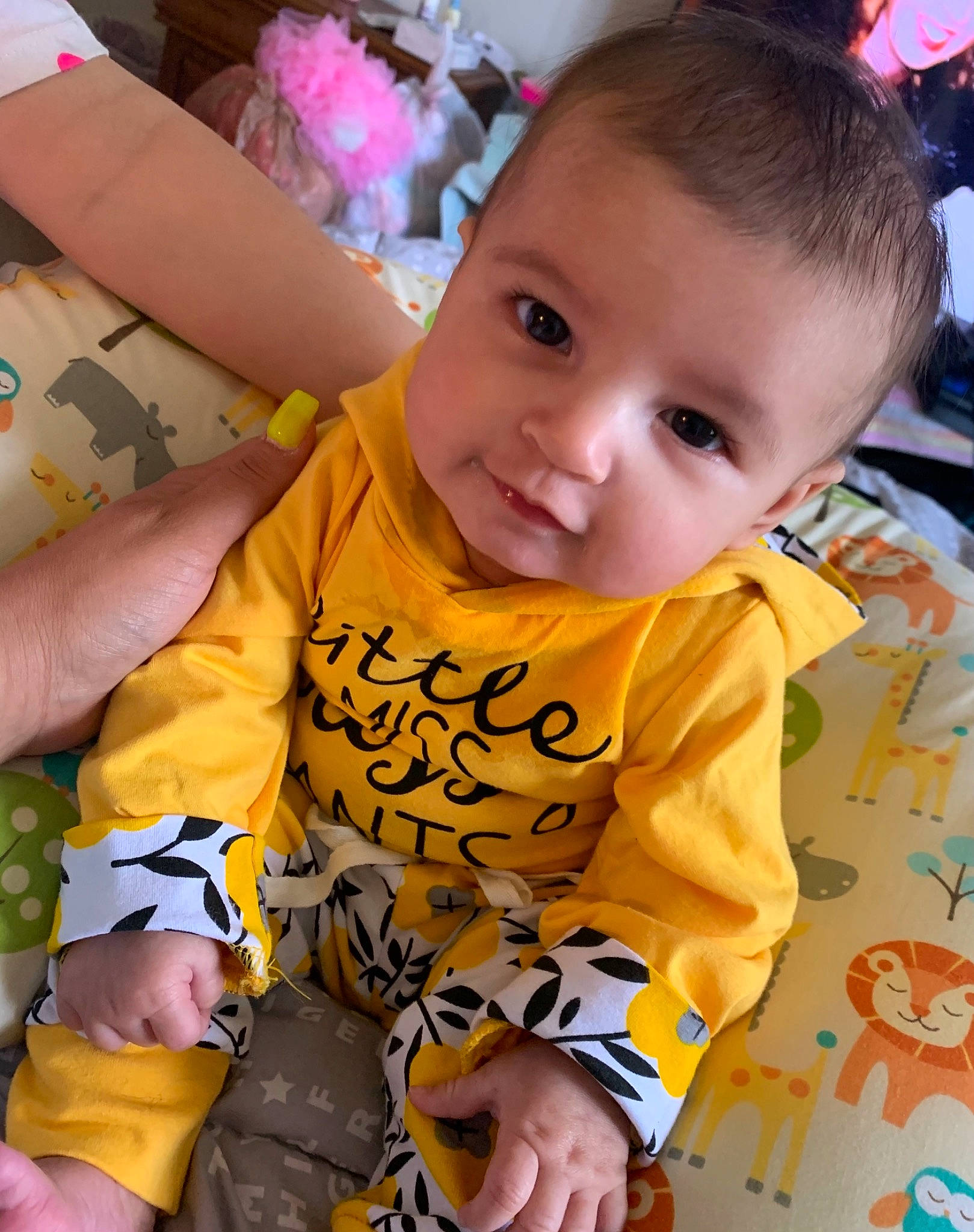 Makyla joined the competition — help win amazing prizes! arm, baby, baby_toddler_clothing, cheek, chin, eye, face, facial_expression, finger, hairstyle, happy, head, iris, mouth, nose, orange, person, product, skin, sleeve