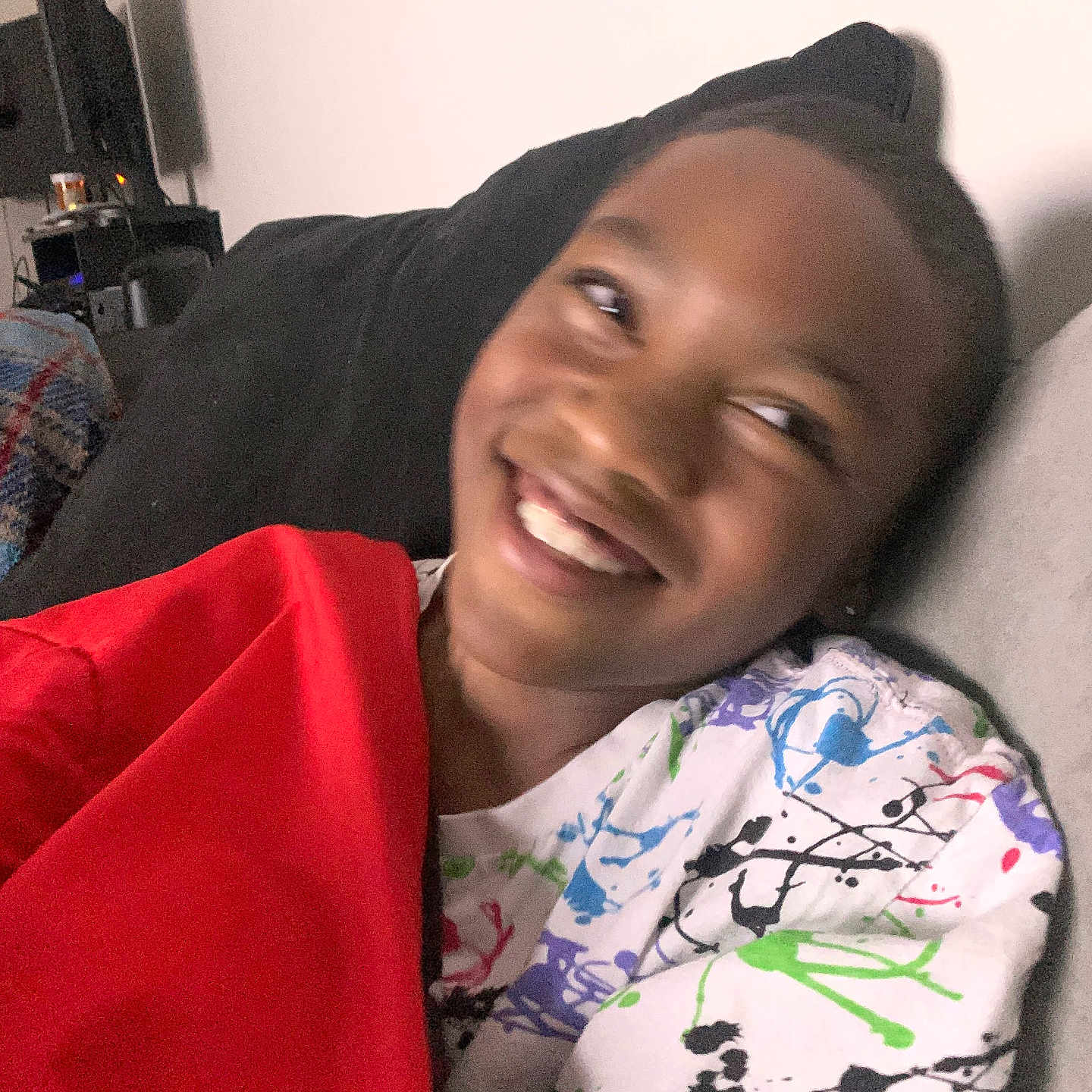 Ayden is registered to the contest to win money with this photo: blanket, child, computerhardware, couch, cushion, electronics, face, female, furniture, girl, happy, hardware, head, homedecor, indoors, person, photography, portrait, selfie, smile