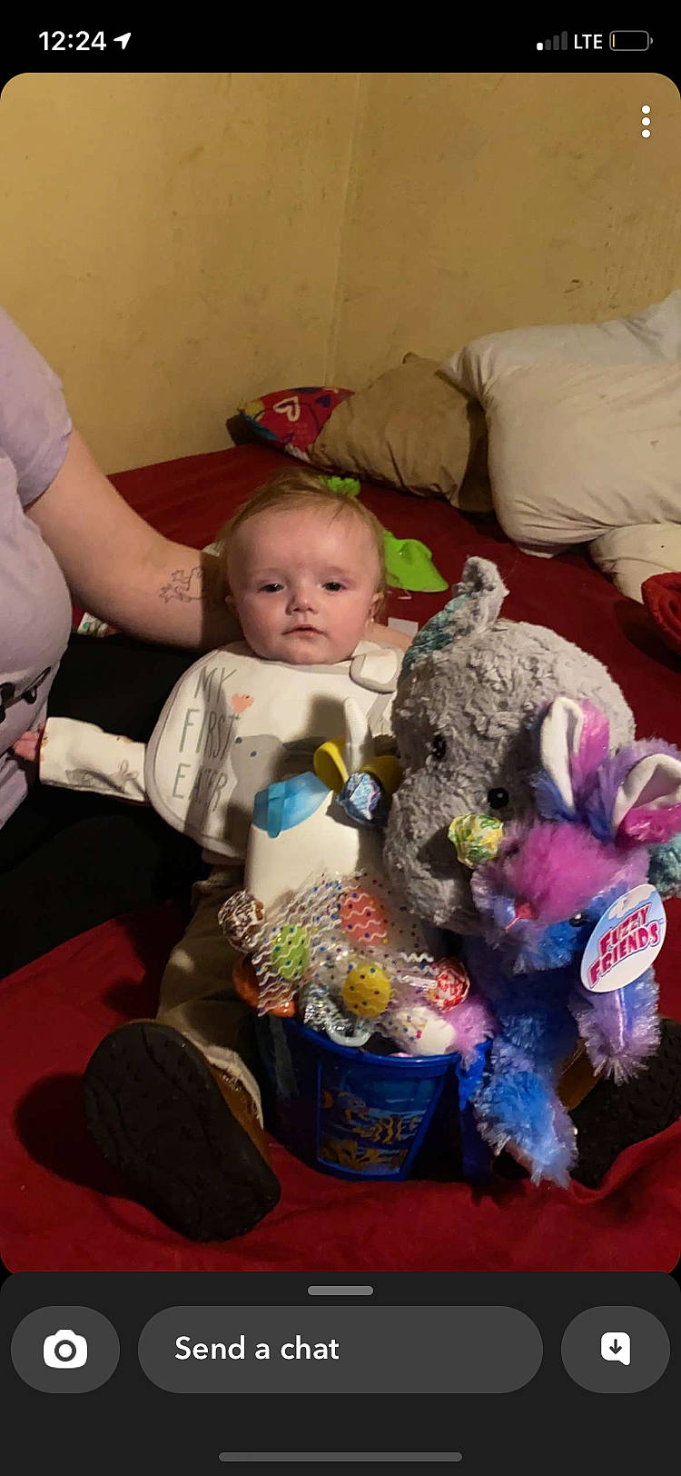 Lewis is registered to the contest to win money with this photo: baby, baby_toddler_clothing, basket, child, comfort, event, fun, fur, holiday, lap, mammal, person, play, plush, room, sitting, skin, stuffed_toy, toddler, toy