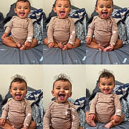 Julian joined the competition — help win amazing prizes! baby, child, smiling, striped_onesie, bed, pillow, indoor, happy, cute, person, portrait, infant, toddler, pattern, clothing, sitting, young_child, hair, expression, skin