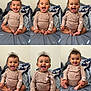 baby, child, smiling, striped_onesie, bed, pillow, indoor, happy, cute, person, portrait, infant, toddler, pattern, clothing, sitting, young_child, hair, expression, skin