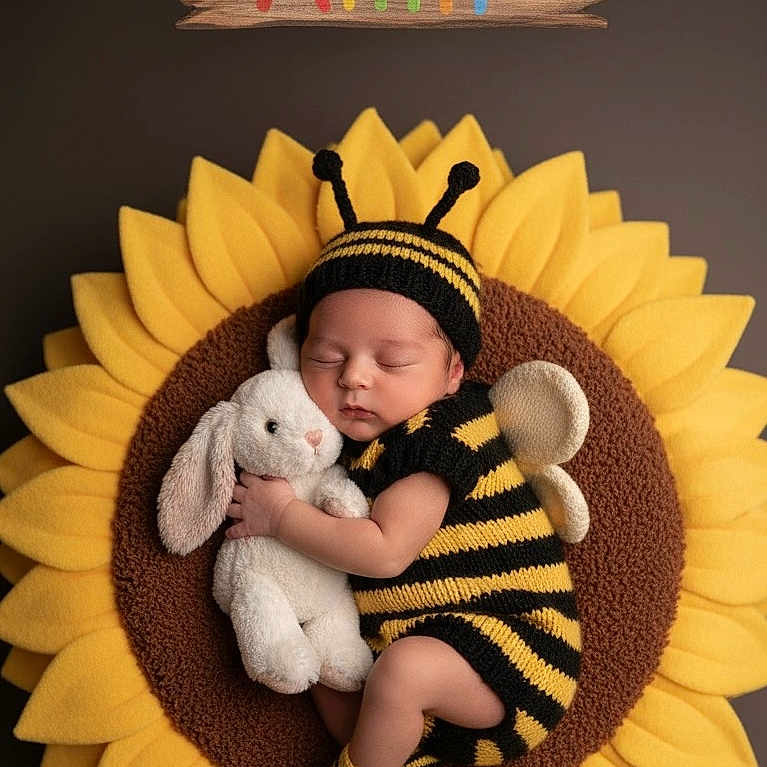Mohammd is registered to the contest to win money with this photo: baby, black, bumblebee_costume, child, cozy, cute, headwear, indoor, knitted_clothing, lying_down, newborn, peaceful, plush_toy, portrait, sleeping, sock, soft_toy, sunflower_cushion, white_bunny, yellow