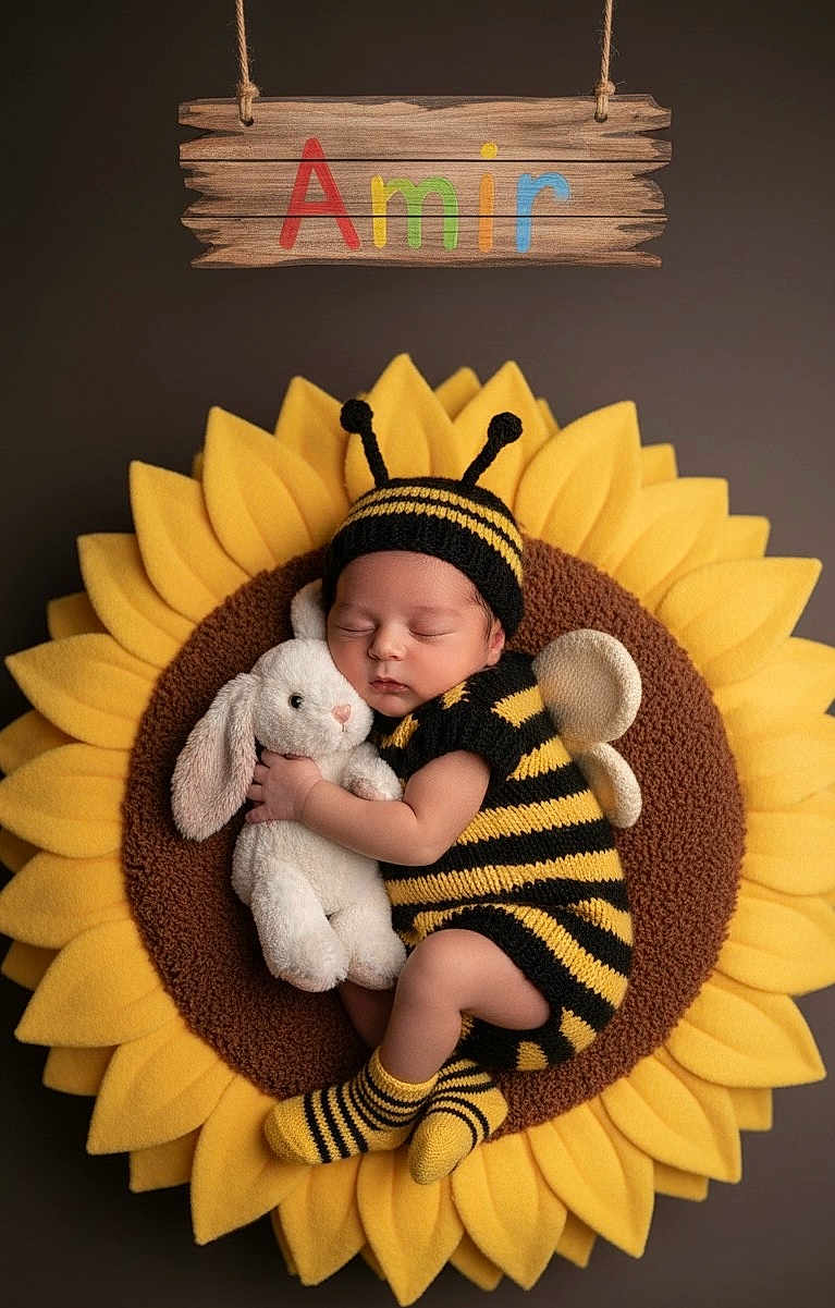Mohammd is registered to the contest to win money with this photo: baby, black, bumblebee_costume, child, cozy, cute, headwear, indoor, knitted_clothing, lying_down, newborn, peaceful, plush_toy, portrait, sleeping, sock, soft_toy, sunflower_cushion, white_bunny, yellow