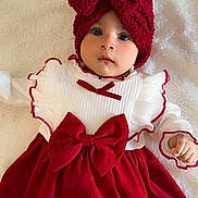 Insha Hamza a rejoint le concours — aidez-le/la à gagner de superbes lots ! baby, infant, child, red_bow, headband, white_blanket, red_dress, long_sleeves, ruffles, cute, portrait, indoors, soft_texture, clothing, fashion, face, person, laying_down, closeup, adorable