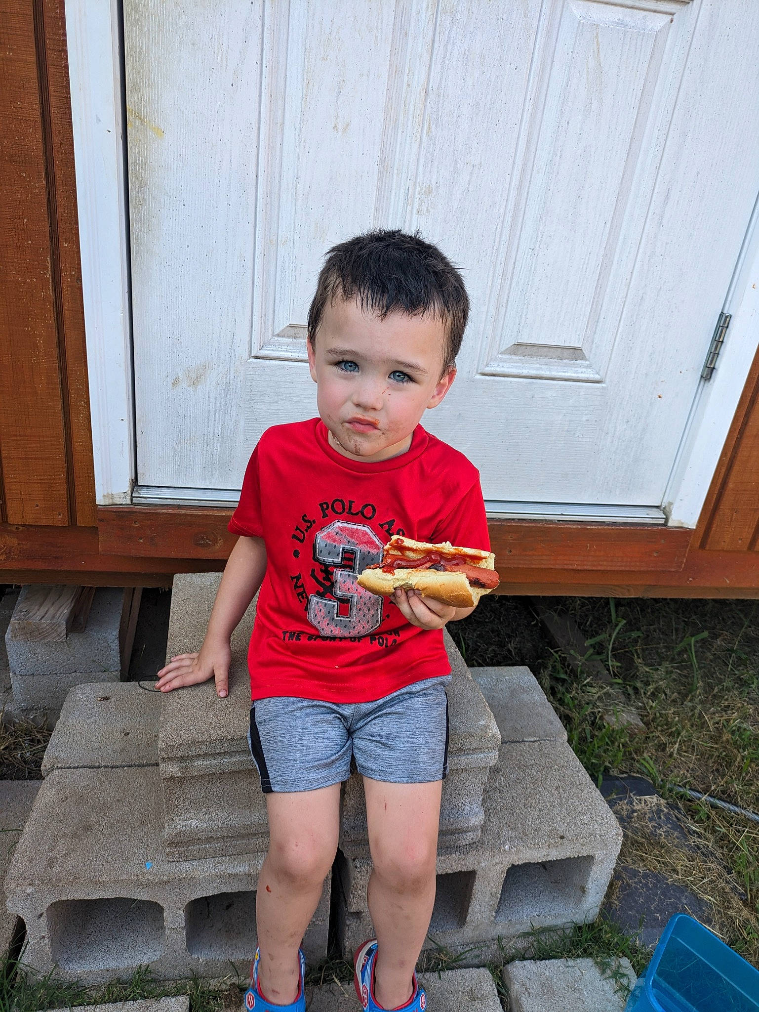 Colter joined the competition — help win amazing prizes! child, door, electric_blue, fun, grass, happy, human_leg, leg, leisure, person, recreation, shorts, shoulder, sitting, sleeve, t_shirt, thigh, toddler, waist, walking_shoe