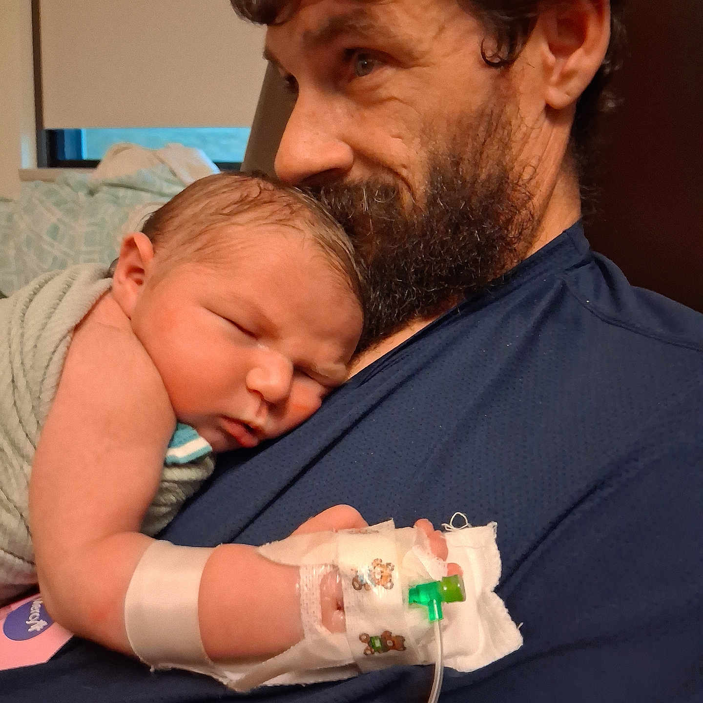 Leonard Unsicker joined the competition — help win amazing prizes! newborn, baby, man, beard, hospital, iv_line, wristband, blanket, sleeping, skin, face, portrait, indoor, person, love, family, care, comfort, healthcare, tenderness