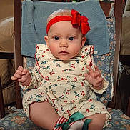 Jazlyn is registered to the contest to win money with this photo: baby, child, infant, headband, bow, red, blue_eyes, outfit, cherry_pattern, socks, ribbon, chair, cushion, floral, indoor, portrait, cute, seated, hands, curious