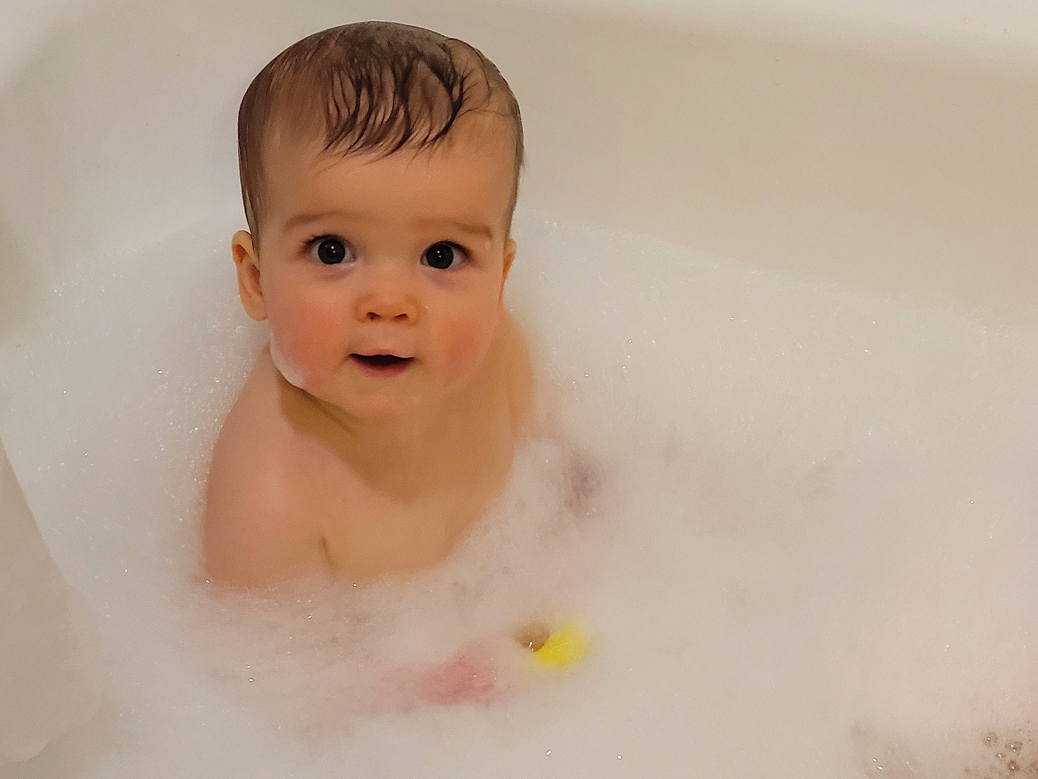Kairi joined the competition — help win amazing prizes! baby, baby_bathing, bathing, bathroom, bathtub, eye, eyebrow, facial_expression, fluid, foam, fun, happy, iris, liquid, person, plumbing, plumbing_fixture, skin, smile, toddler