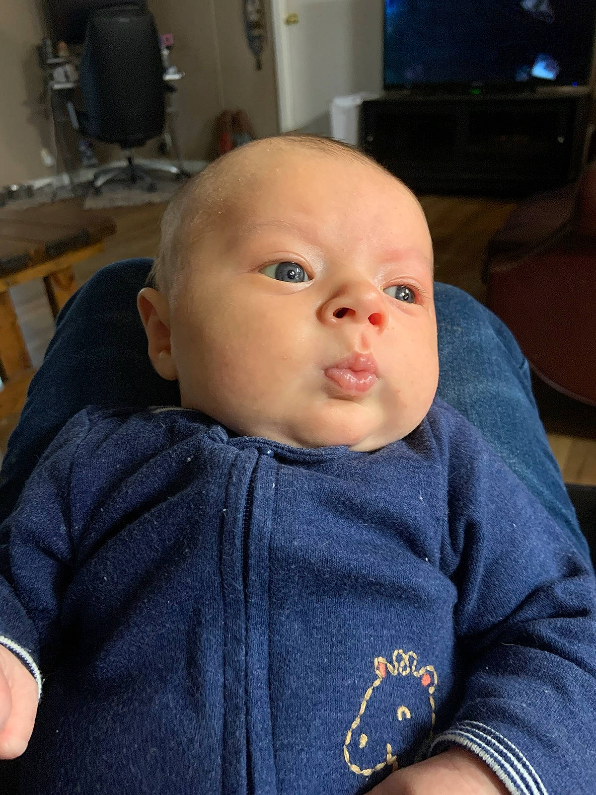 Rowdy is registered to the contest to win money with this photo: baby, baby_toddler_clothing, blue, cable_television, chair, cheek, child, comfort, ear, eyebrow, finger, furniture, iris, lip, mouth, nose, person, skin, sleeve, t_shirt