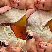 Maxi joined the competition — help win amazing prizes! baby, infant, smiling, cute, blanket, cushion, toddler, playful, skin, chubby_cheeks, hand, foot, striped_sock, lying_down, portrait, closeup, indoors, happy, expression, soft_texture
