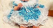 Brandi is registered to the contest to win money with this photo: baby, infant, child, dress, lace, bonnet, white_blanket, socks, cute, portrait, smiling, clothing, laying_down, soft_texture, indoors, adorable, young_child, fashion, baby_girl, happy