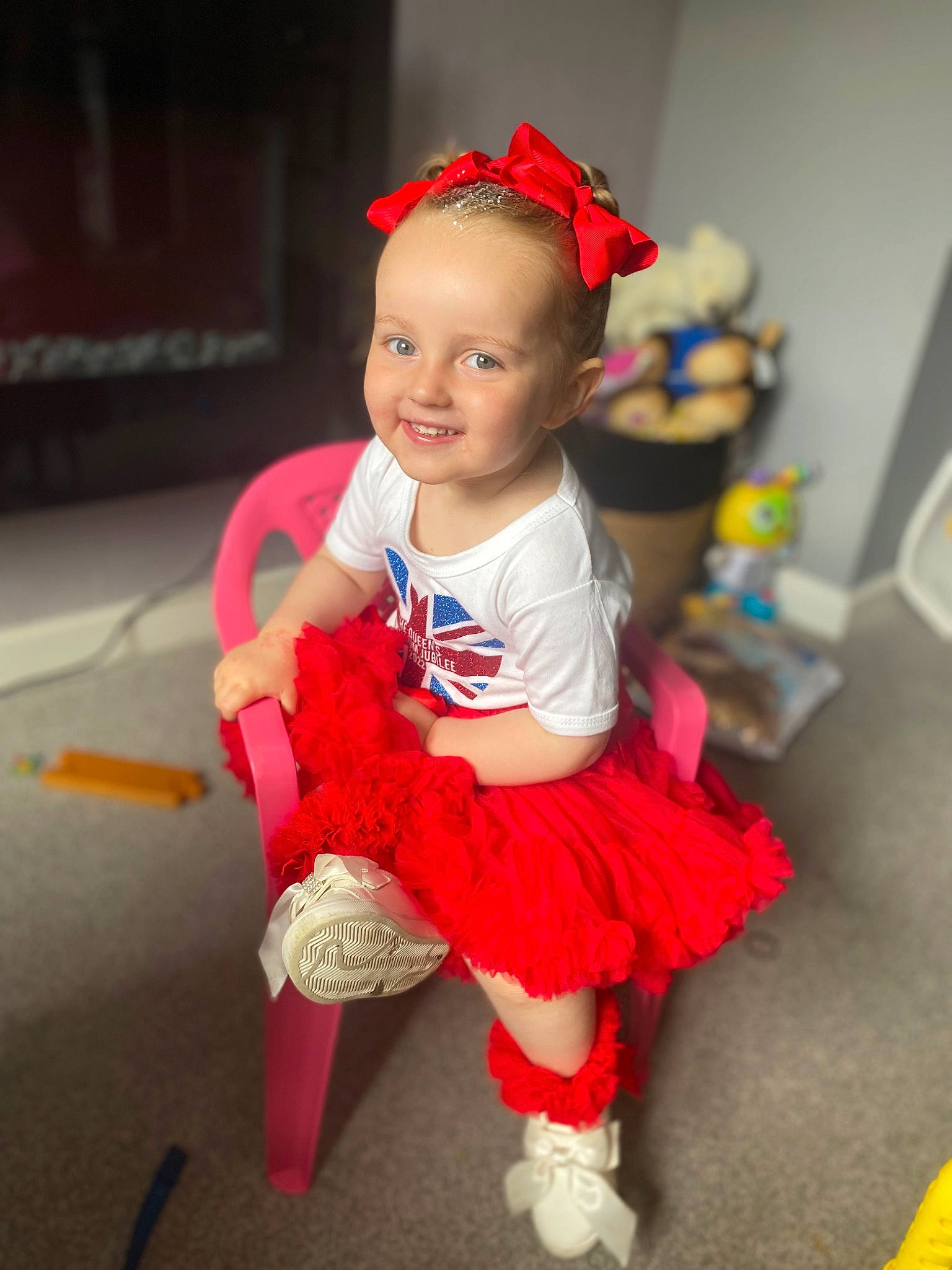 Scarlett-rose joined the competition — help win amazing prizes! baby, baby_toddler_clothing, child, costume, costume_hat, event, face, fun, happy, hat, holiday, human_leg, joy, knee, magenta, person, pink, sitting, smile, sock