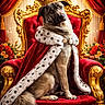 dog, animal, crown, royalty, throne, cape, ermine, red_velvet, gold, ornate, chair, portrait, sitting, indoor, theater_curtains, flowers, roses, sparkles, regal, fantasy