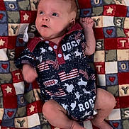 River joined the competition — help win amazing prizes! baby, blanket, blue, clothing, colorful, cute, expression, face, head, indoor, infant, lying_down, outfit, pattern, red, rodeo, skin, small_feet, small_hands, soft_texture