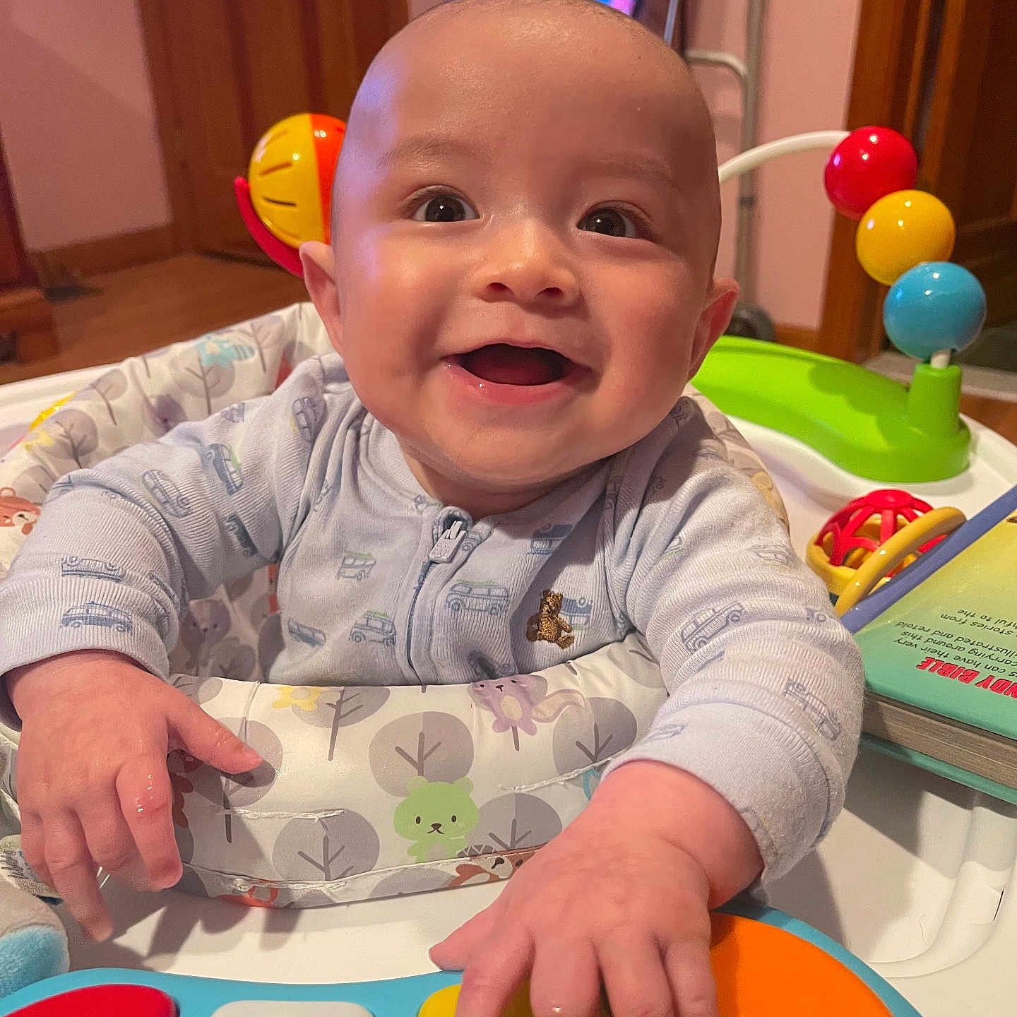 Clayton joined the competition — help win amazing prizes! activity_center, baby, book, child, clothing, colorful, door, expression, face, furniture, hands, happy, head, indoor, person, play, smiling, toy, toy_piano, wooden_floor