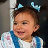 baby, blue_bows, cheerful, child, closeup, cute, denim_overalls, expression, face, fashion, floral_shirt, hair, happy, indoors, person, pigtails, portrait, smile, toddler, young_child