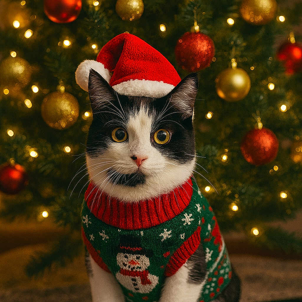 Lola Brooke is registered to the contest to win money with this photo: animal, black_and_white_cat, carpet, cat, celebration, christmas, christmas_tree, cute, decoration, festive, holiday, indoor, lights, ornaments, pet, santa_hat, seasonal, snowman, sweater, winter