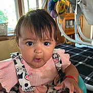 Aaliyah is registered to the contest to win money with this photo: baby, child, infant, pink_clothing, cow_print, drool, indoor, seat, toy, stuffed_animal, curious, wide_eyes, hand, furniture, window, daylight, face, person, cute, expression