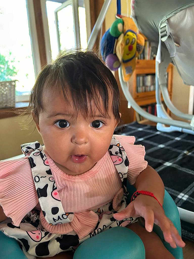 Aaliyah is registered to the contest to win money with this photo: baby, child, infant, pink_clothing, cow_print, drool, indoor, seat, toy, stuffed_animal, curious, wide_eyes, hand, furniture, window, daylight, face, person, cute, expression