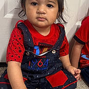 Gursharan joined the competition — help win amazing prizes! toddler, child, indoor, carpet, bag, handbag, denim, overalls, red_shirt, cute, young_child, portrait, sitting, black_bag, hair_tied, curious, floor, door, person, casual_clothing