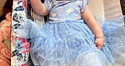 Everleigh joined the competition — help win amazing prizes! baby, child, infant, dress, headband, playpen, smiling, happy, blue_dress, tights, shoes, pink, flower_pattern, cute, indoors, lying_down, person, young_child, baby_girl, comfortable
