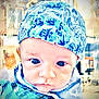 Enoan participe au concours pour gagner de l'argent avec cette photo : baby, child, face, headwear, cap, blue, portrait, closeup, expression, serious, patterned_clothing, infant, person, indoors, blurred_background, artistic_effect, soft_light, young_child, cute, skin