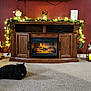 cat, black_cat, carpet, fireplace, wooden_furniture, garland, christmas_lights, candle, lantern, holiday_decor, living_room, cozy, indoor, pet, relaxed, floor, red_wall, decorations, warm_lighting, home