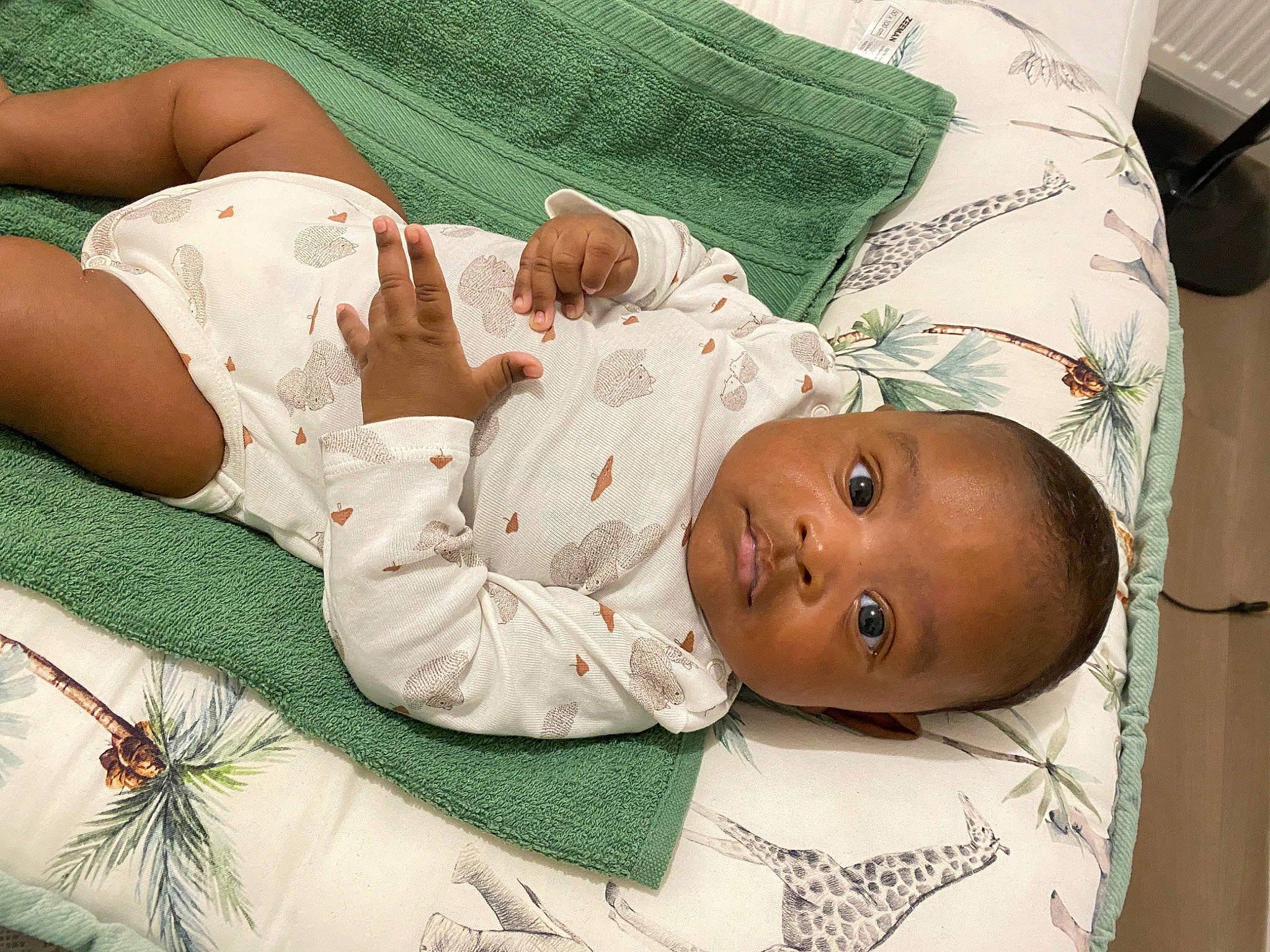 Soan a rejoint le concours — aidez-le/la à gagner de superbes lots ! arm, baby, baby_products, baby_safety, baby_sleeping, baby_toddler_clothing, bed, bedding, bedtime, child, comfort, green, linens, organ, pattern, person, room, skin, textile, toddler