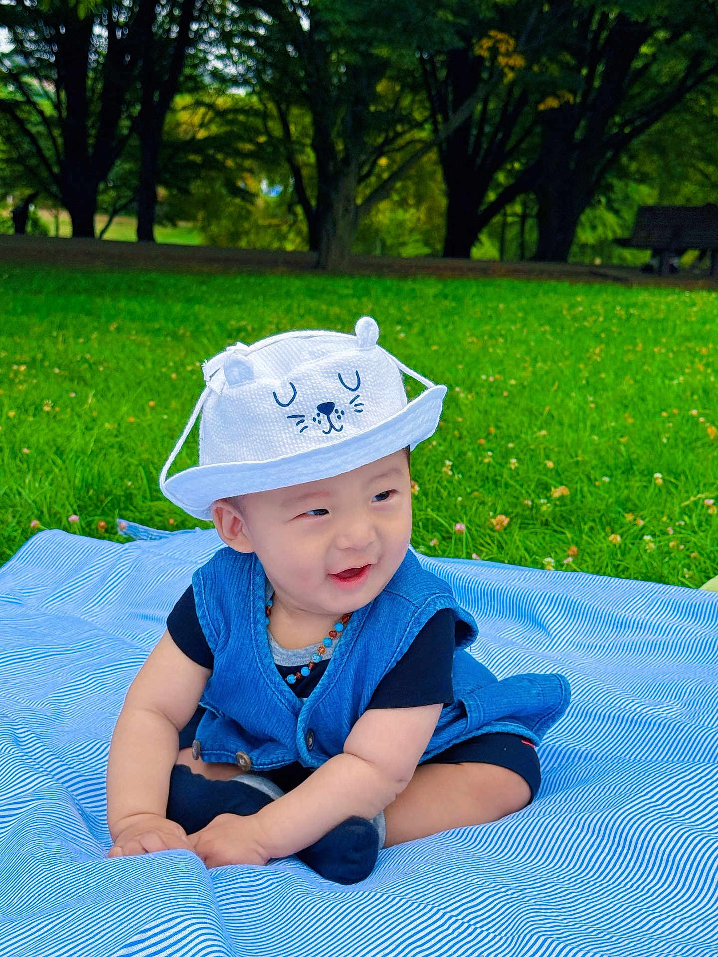 Tenzin Dawa participe au concours pour gagner de l'argent avec cette photo : baby, infant, toddler, child, hat, smile, blanket, grass, park, trees, outdoors, picnic, blue_clothing, necklace, sitting, portrait, cute, happy, playful, greenery