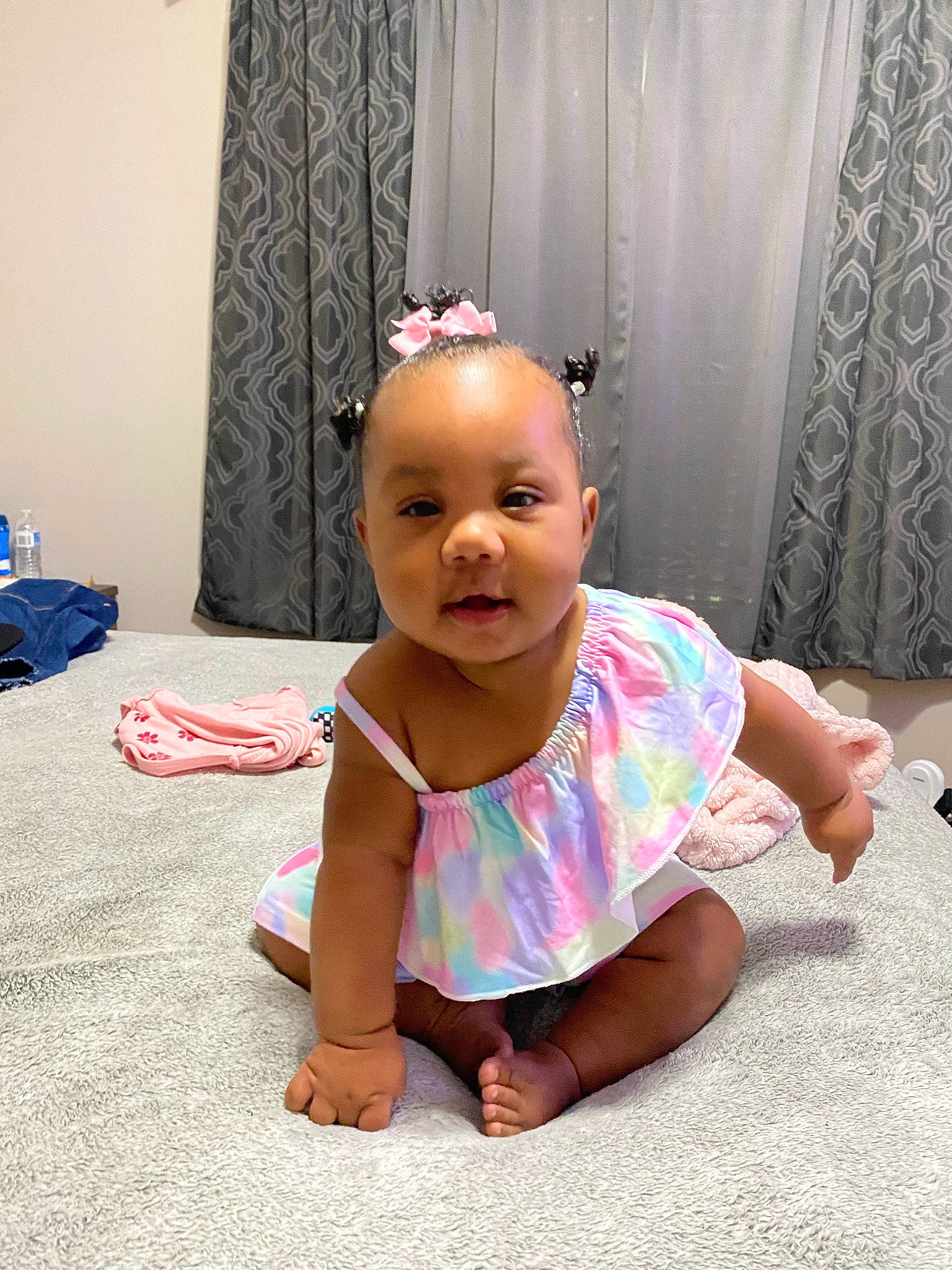 Kylee joined the competition — help win amazing prizes! baby, baby_toddler_clothing, barefoot, child, curtain, dress, eye, face, flooring, foot, fun, happy, headband, magenta, pattern, person, pink, sleeve, smile, t_shirt