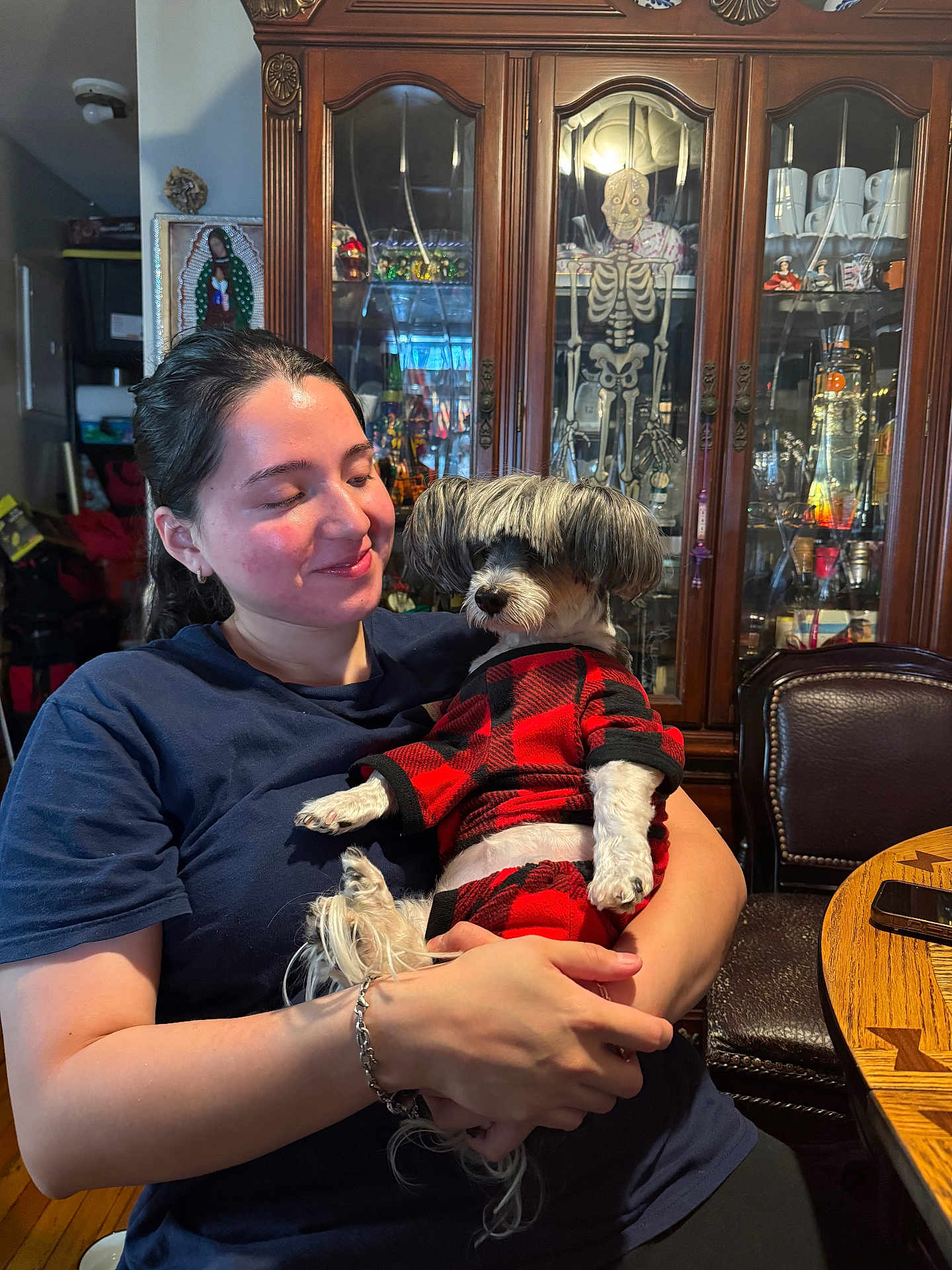 Mirza Lozano is registered to the contest to win money with this photo: bracelet, casual_wear, chair, cozy, cute, decorative_items, dog, hair_covering_eyes, holding, home, indoor, pet, plaid_clothing, portrait, skeleton_figure, smartphone, smiling, table, woman, wooden_cabinet
