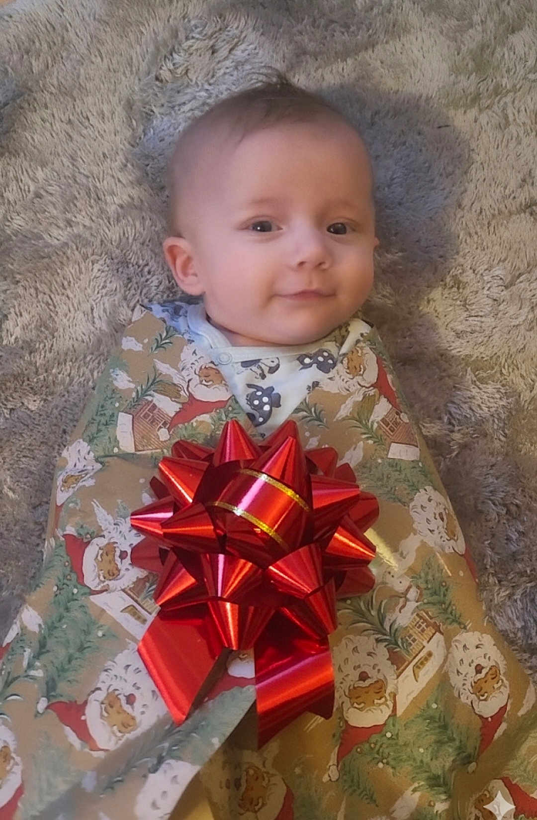 Tommy joined the competition — help win amazing prizes! baby, child, face, smile, wrapping_paper, red_bow, christmas_theme, carpet, soft_texture, holiday, present, cute, infant, indoors, portrait, festive, wrapped, happy, cozy, gift