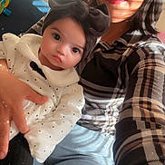 Mia joined the competition — help win amazing prizes! baby, woman, child, indoor, portrait, sunlight, plaid_shirt, headband, bow, polka_dot, jeans, smile, face, hand, window_blinds, light_stripes, casual_clothing, holding, candid, happy