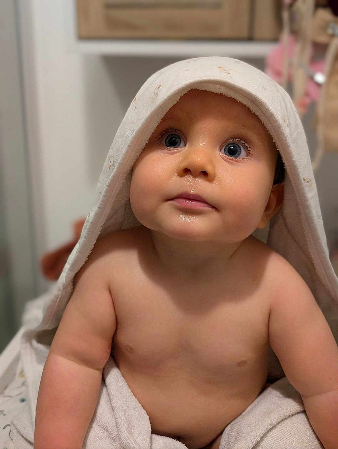 Ezra a rejoint le concours — aidez-le/la à gagner de superbes lots ! baby, child, towel, hood, skin, face, eyes, curious, soft, cute, infant, portrait, indoors, expression, closeup, newborn, chubby, adorable, cuteness, warmth