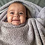 baby, smile, face, towel, blanket, soft, wrapped, happy, infant, child, cute, cozy, skin, expression, portrait, indoors, closeup, head, eyes, cheeks