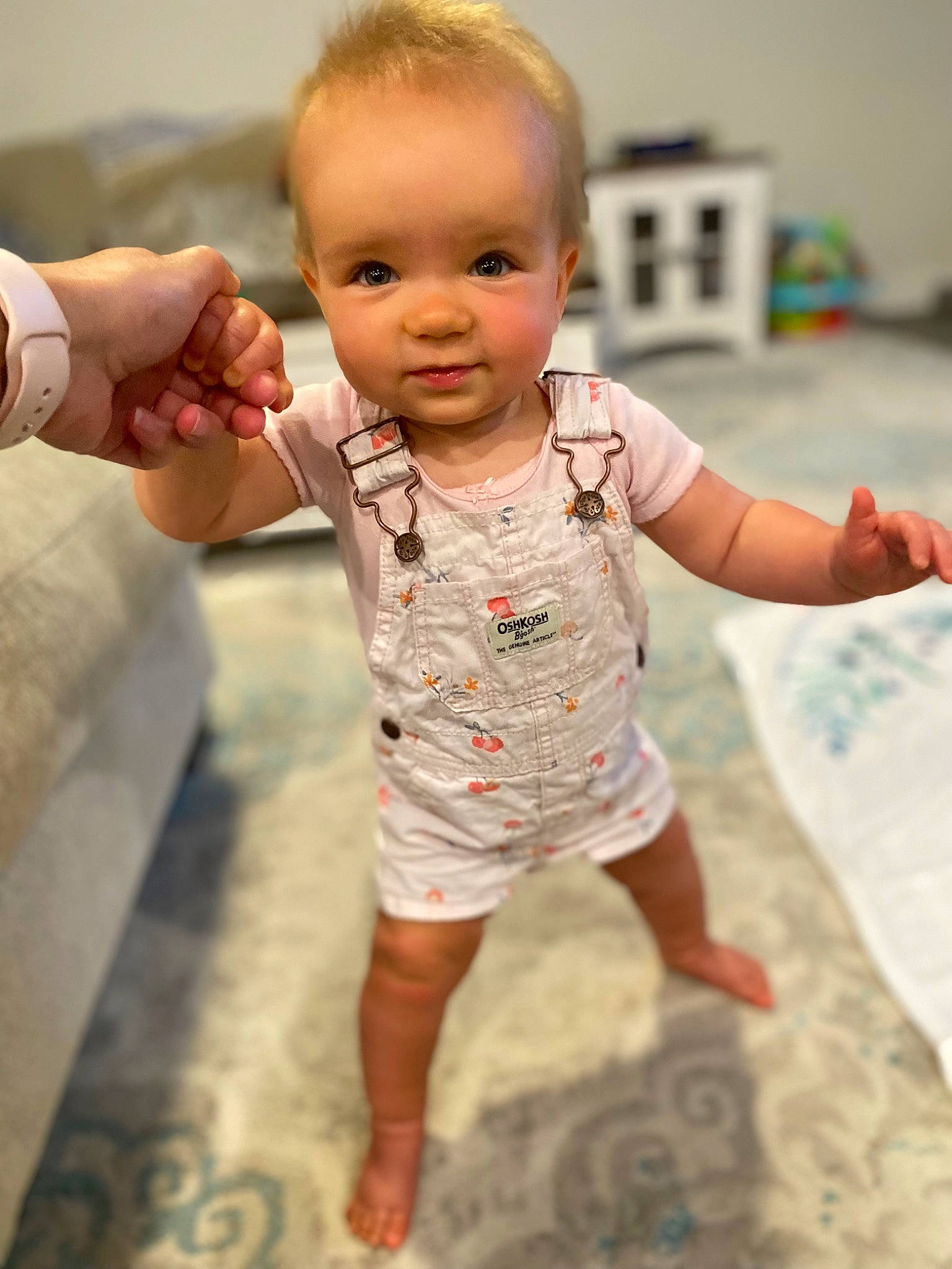 Kinsey joined the competition — help win amazing prizes! baby, baby_toddler_clothing, cheek, child, eye, face, finger, flooring, fun, gesture, happy, head, nail, person, play, skin, sleeve, t_shirt, thumb, toddler