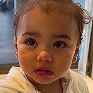 Samira a rejoint le concours — aidez-le/la à gagner de superbes lots ! toddler, child, face, portrait, indoors, white_hoodie, topknot, cute, expression, young_child, ears, zipper, hair, big_eyes, skin, nose, mouth, eyebrows, indoor_lighting, soft_background