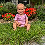 baby, child, grass, flowers, pink_clothing, outdoor, garden, greenery, smiling, sitting, nature, plants, happy, face, portrait, infant, sunlight, daylight, cute, young
