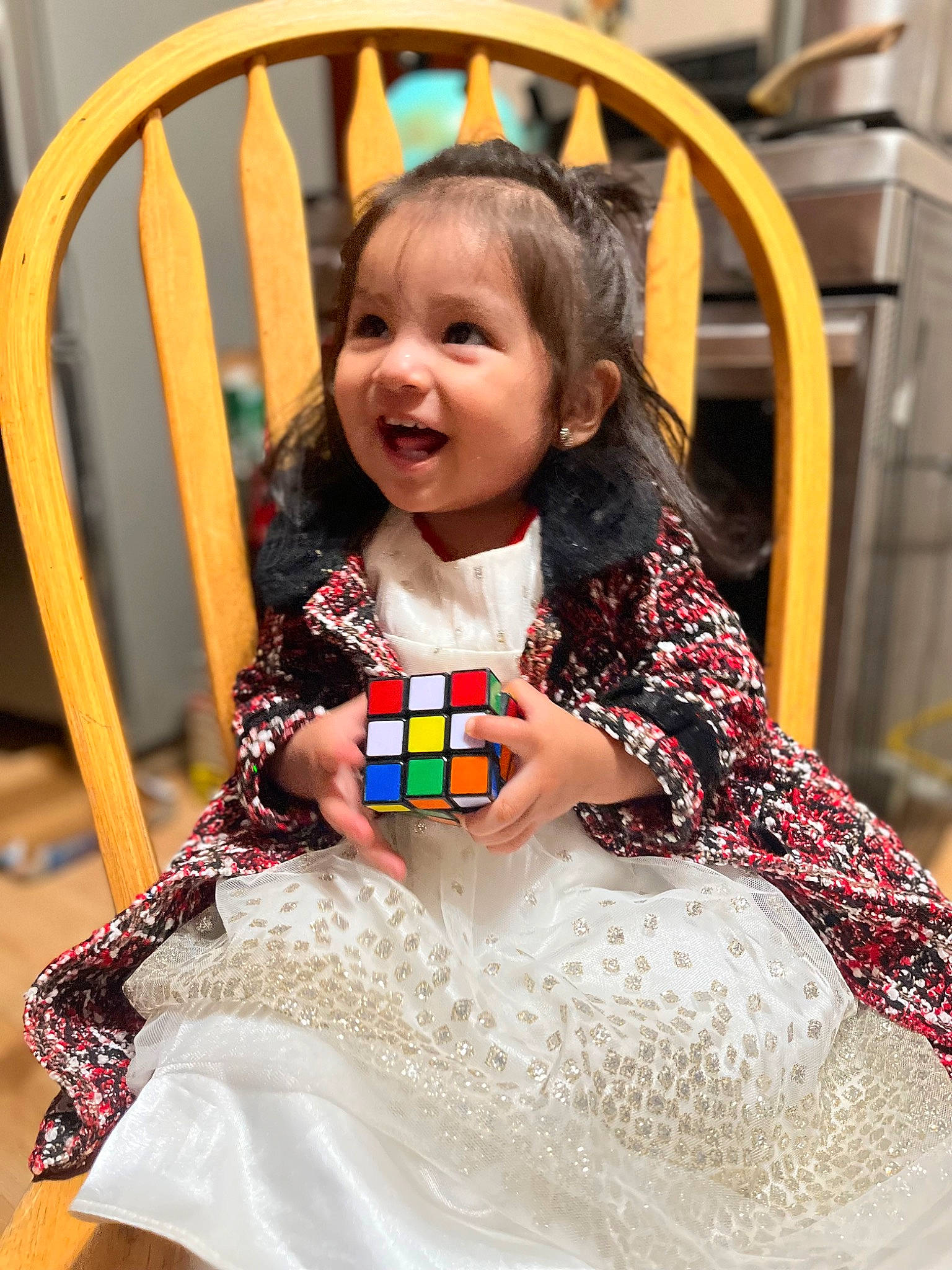 Aurora joined the competition — help win amazing prizes! baby_toddler_clothing, birthday, cake, chair, child, dress, event, fashion_design, formal_wear, fun, happy, icing, leisure, party, pattern, person, plate, sitting, smile, sweetness