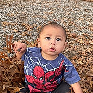 Julio joined the competition — help win amazing prizes! toddler, child, autumn, leaves, outdoor, spiderman, tshirt, curious, fall, nature, play, young_child, casual_clothing, park, sitting, expression, person, brown_leaves, season, cute