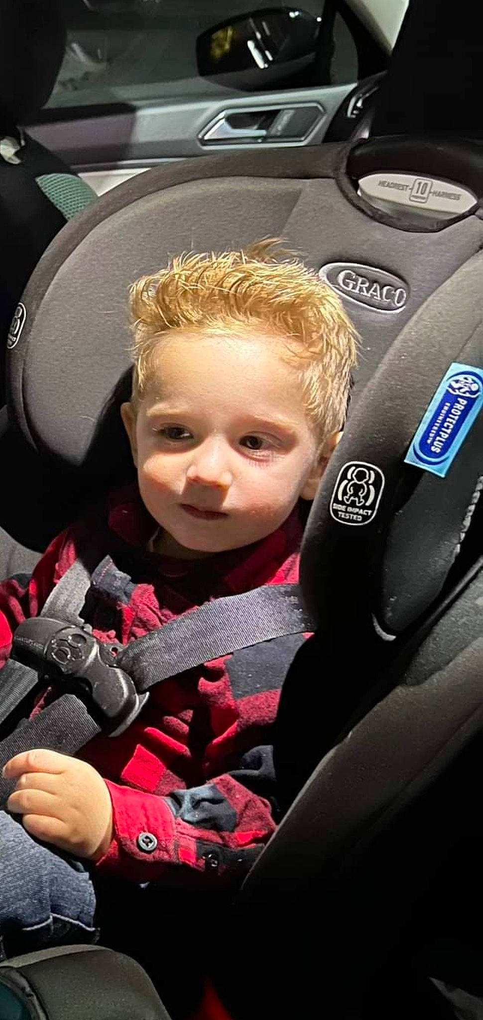 Brandon joined the competition — help win amazing prizes! auto_part, automotive_design, baby_products, car_seat, car_seat_cover, carmine, child, comfort, electric_blue, family_car, head_restraint, luxury_vehicle, motor_vehicle, person, personal_luxury_car, product, smile, steering_wheel, toddler, vehicle