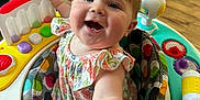 Delainey joined the competition — help win amazing prizes! baby, child, smiling, pigtails, activity_center, toy, colorful, indoor, happy, face, person, clothing, flooring, playtime, infant, cute, furniture, patterned, seat, expression