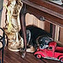 puppy, sleeping, toy_truck, wooden_floor, wooden_table, statue, decor, indoor, cozy, resting, black_and_tan, dog, furniture, vintage_toy, quiet, peaceful, home, floor, small, cute
