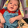 Noelani joined the competition — help win amazing prizes! arm, baby, baby_seat, blue_eyes, candid, child, chubby_cheeks, curly_hair, cute, denim_overalls, floral_pattern, hand, indoor, infant, portrait, red_shirt, skin, support, tattoo, warning_label