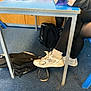 backpack, bag, blue_chair, carpet, classroom, desk, floor, laces, legs, new_balance, school, shoes, sitting, sneakers, socks, student, table, table_leg, tights, under_desk