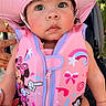 Everly joined the competition — help win amazing prizes! baby, child, pink_hat, life_jacket, minnie_mouse, cartoon, outdoor, sunhat, cute, infant, person, portrait, summer, expression, hand, seat, colorful, closeup, adorable, clothing