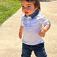 Noah joined the competition — help win amazing prizes! toddler, child, sidewalk, grass, tree, shadow, white_polo, jeans, brown_shoes, sunny_day, outdoor, residential_area, walking, person, daylight, casual_clothing, young_child, happy, smiling, urban