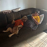 Cane joined the competition — help win amazing prizes! boy, dog, couch, tablet, pillow, blanket, shirt, indoor, tile_floor, relaxing, casual, brown_couch, pet, child, technology, home, leisure, light, shadow, comfort
