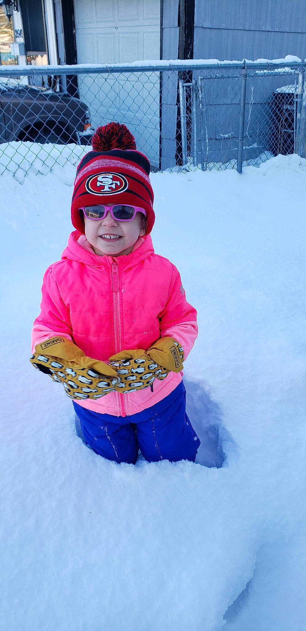 Gwendolynn joined the competition — help win amazing prizes! child, freezing, fun, headwear, joy, knit_cap, magenta, outerwear, person, pink, play, playing_in_the_snow, recreation, smile, snow, toddler, winter